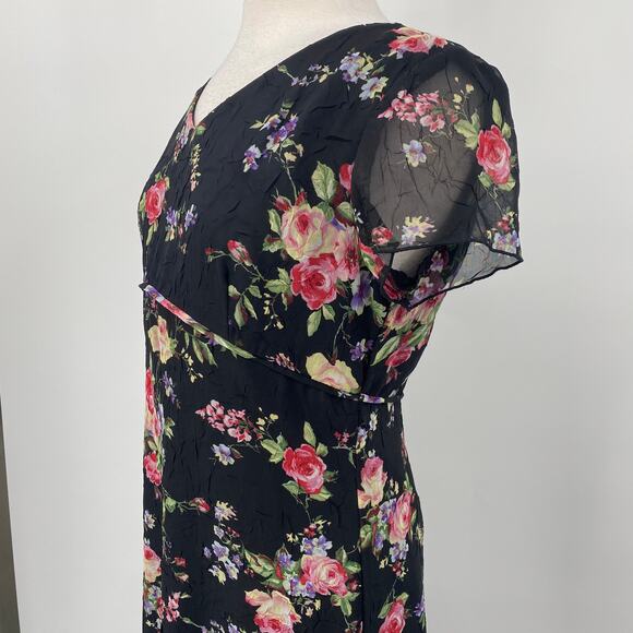 Vintage 90s Floral Print Midi Dress Crepe Empire Tie Waist V Neck Black Pink M - Picture 5 of 9